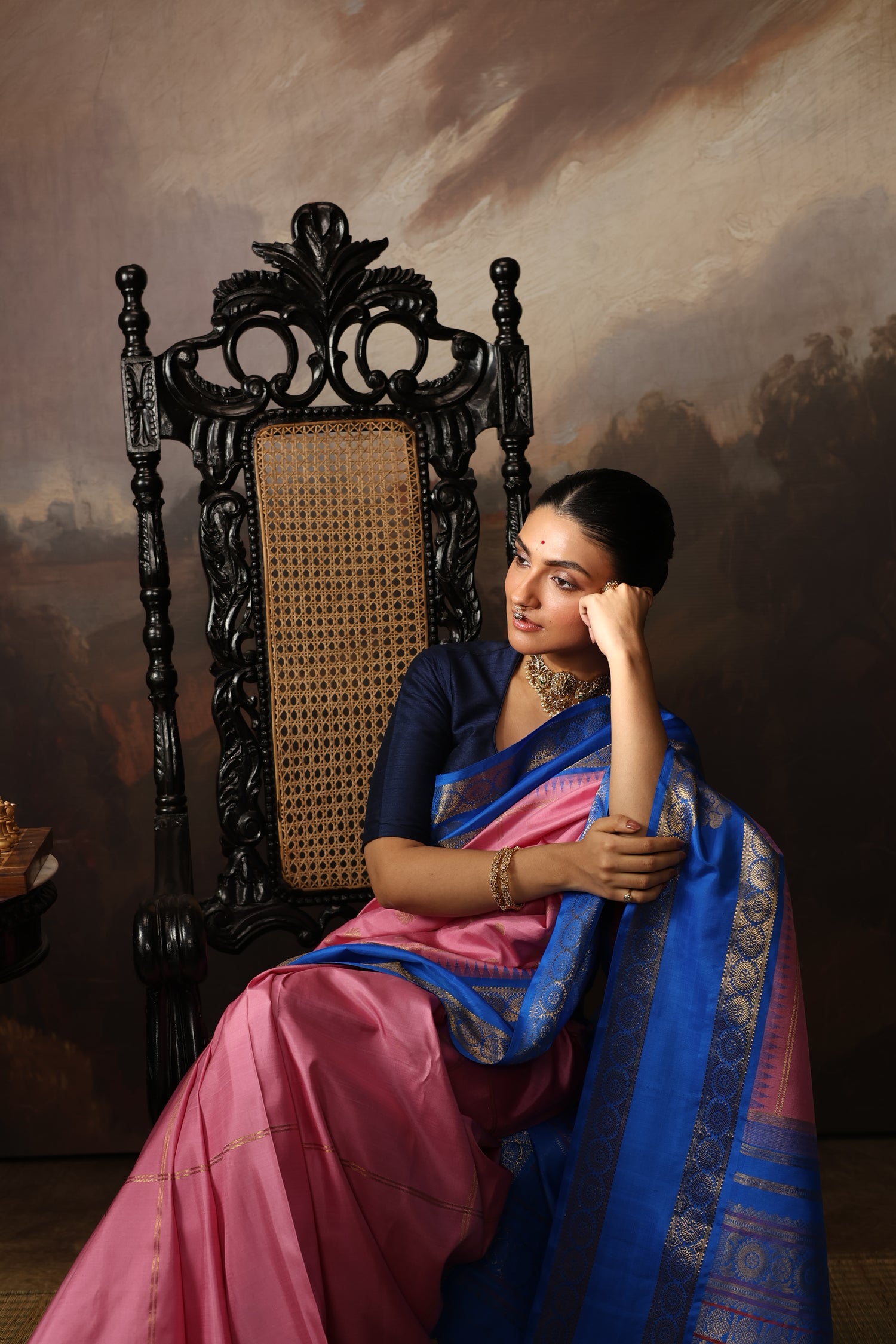 A unique vintage recreated and  beautiful combo of onion pink with cobalt blue korvai kanchivaram silk saree