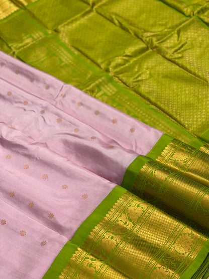 Peony Pink With Green Kanchi Turning Border Kuttu Gadwal Silk Saree