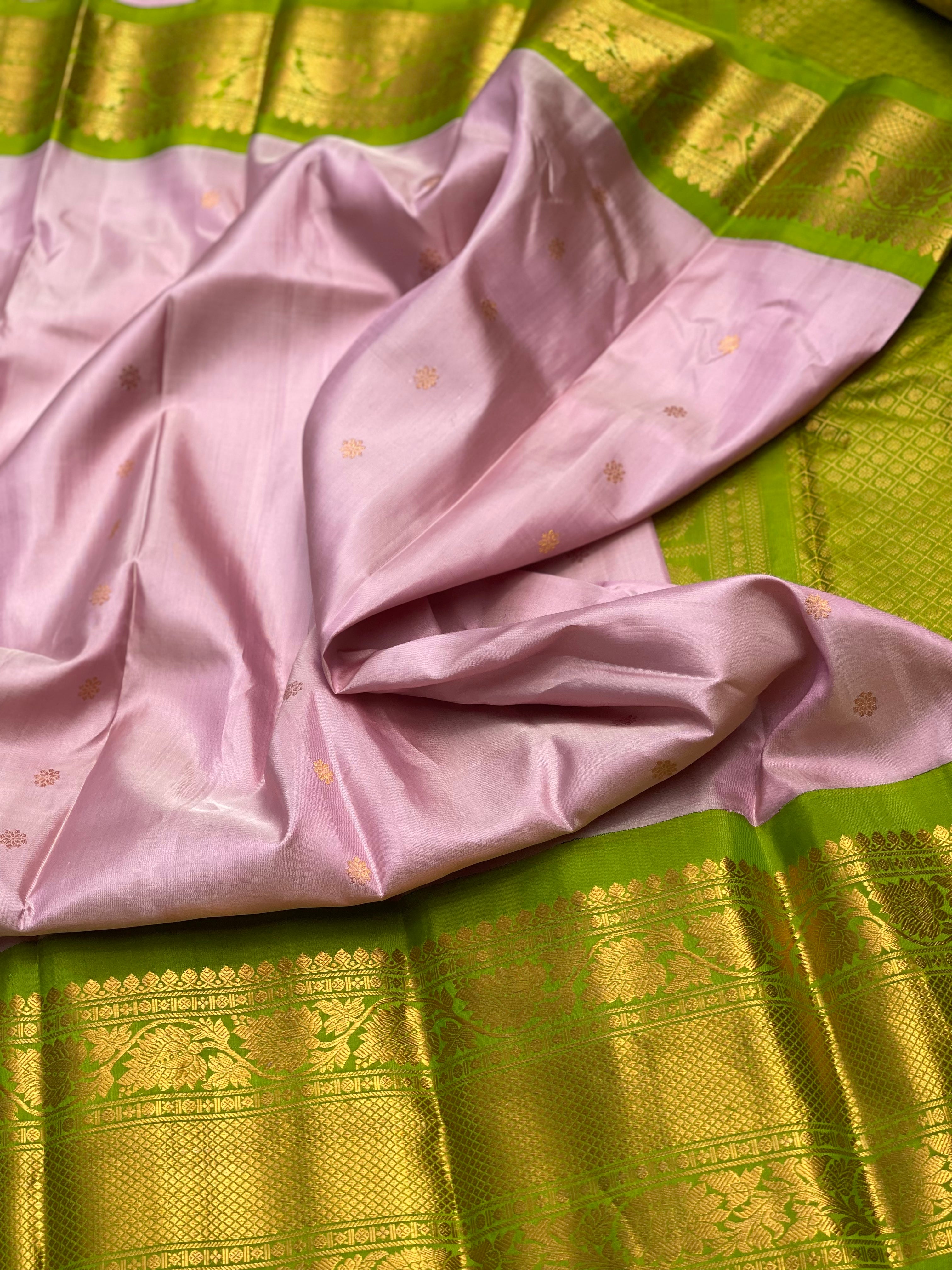 Peony Pink With Green Kanchi Turning Border Kuttu Gadwal Silk Saree