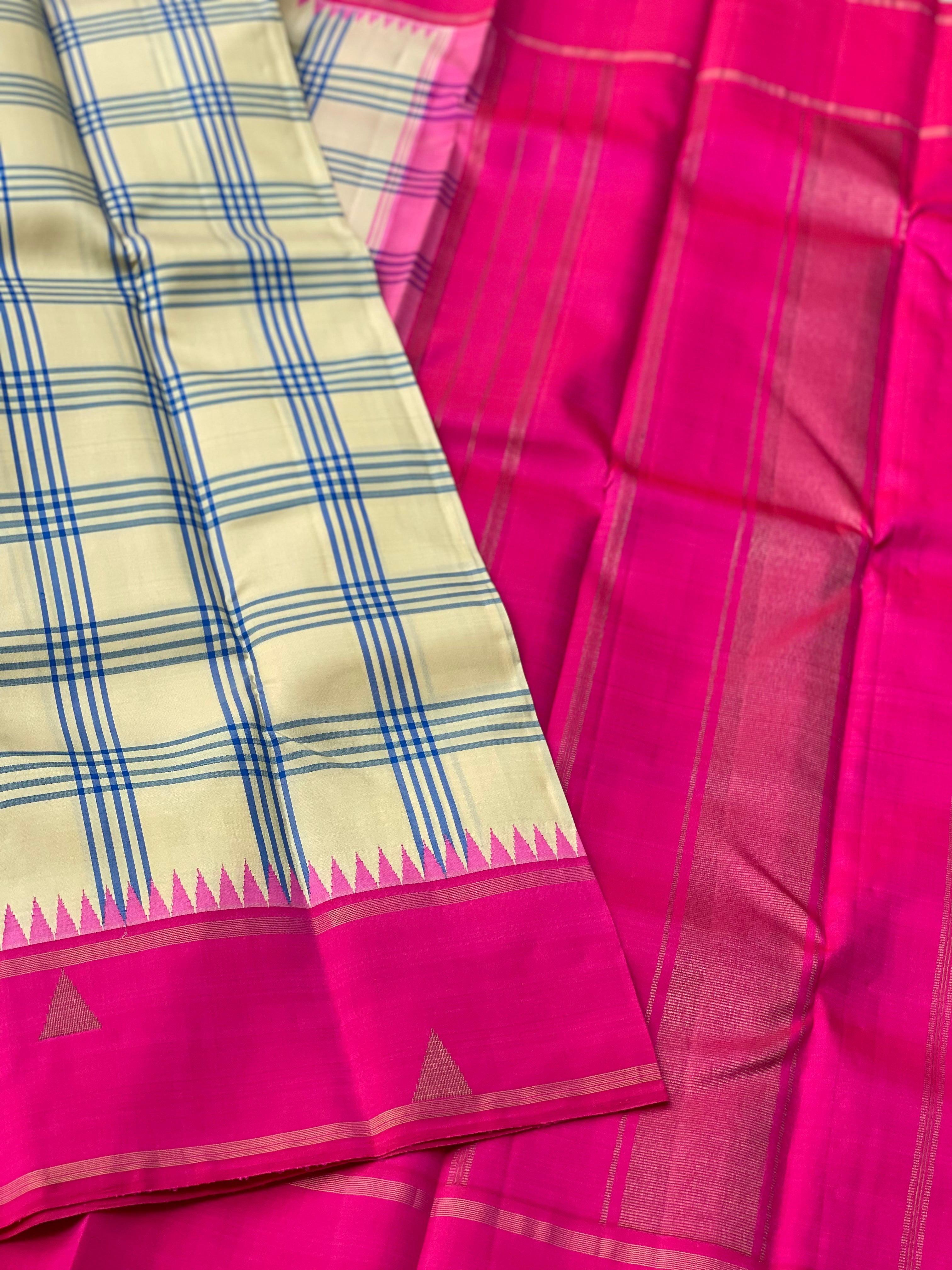 Offwhite with Fuchsia pink Korvai silk kanchivaram with kattam checks