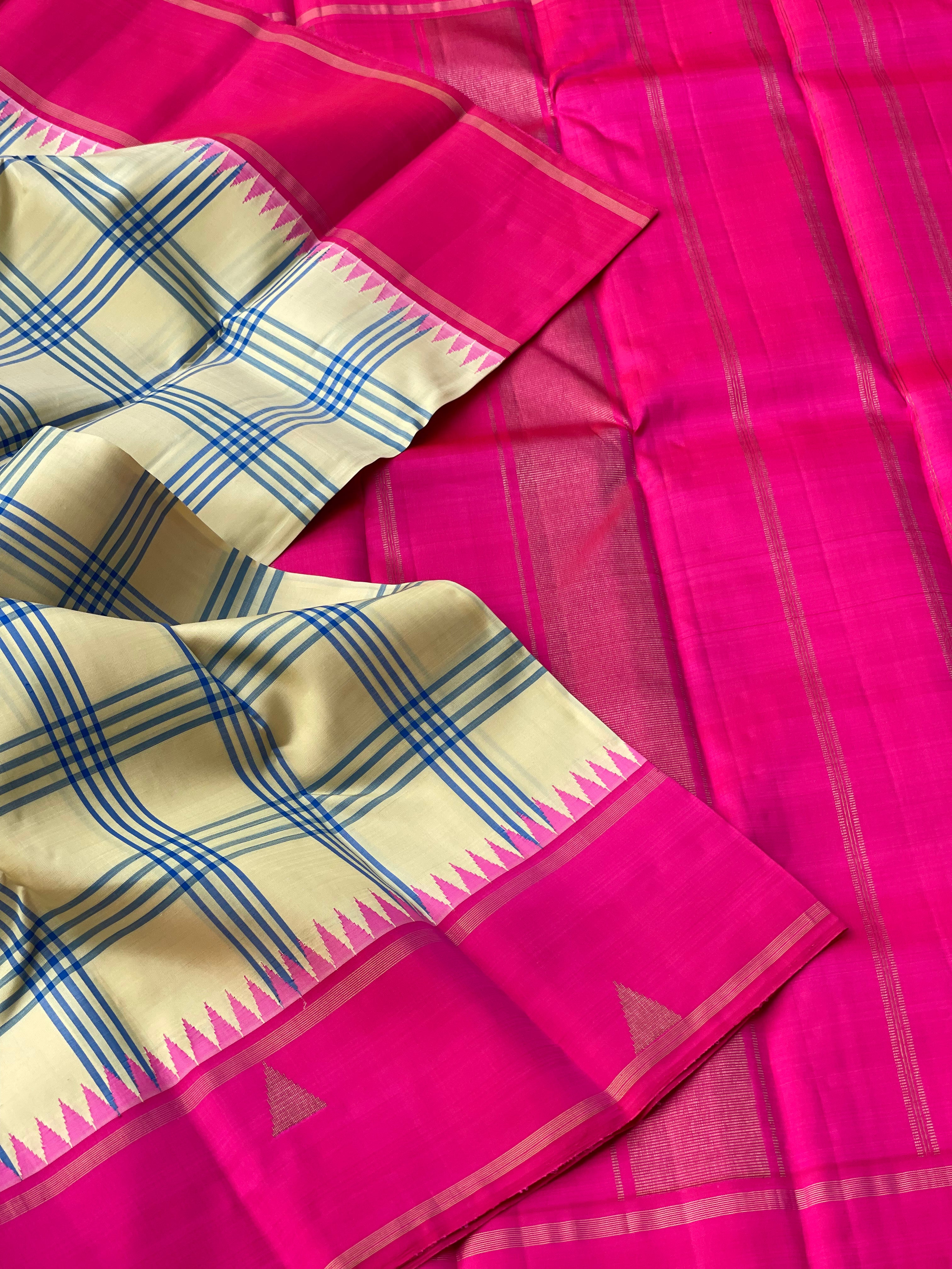 Offwhite with Fuchsia pink Korvai silk kanchivaram with kattam checks