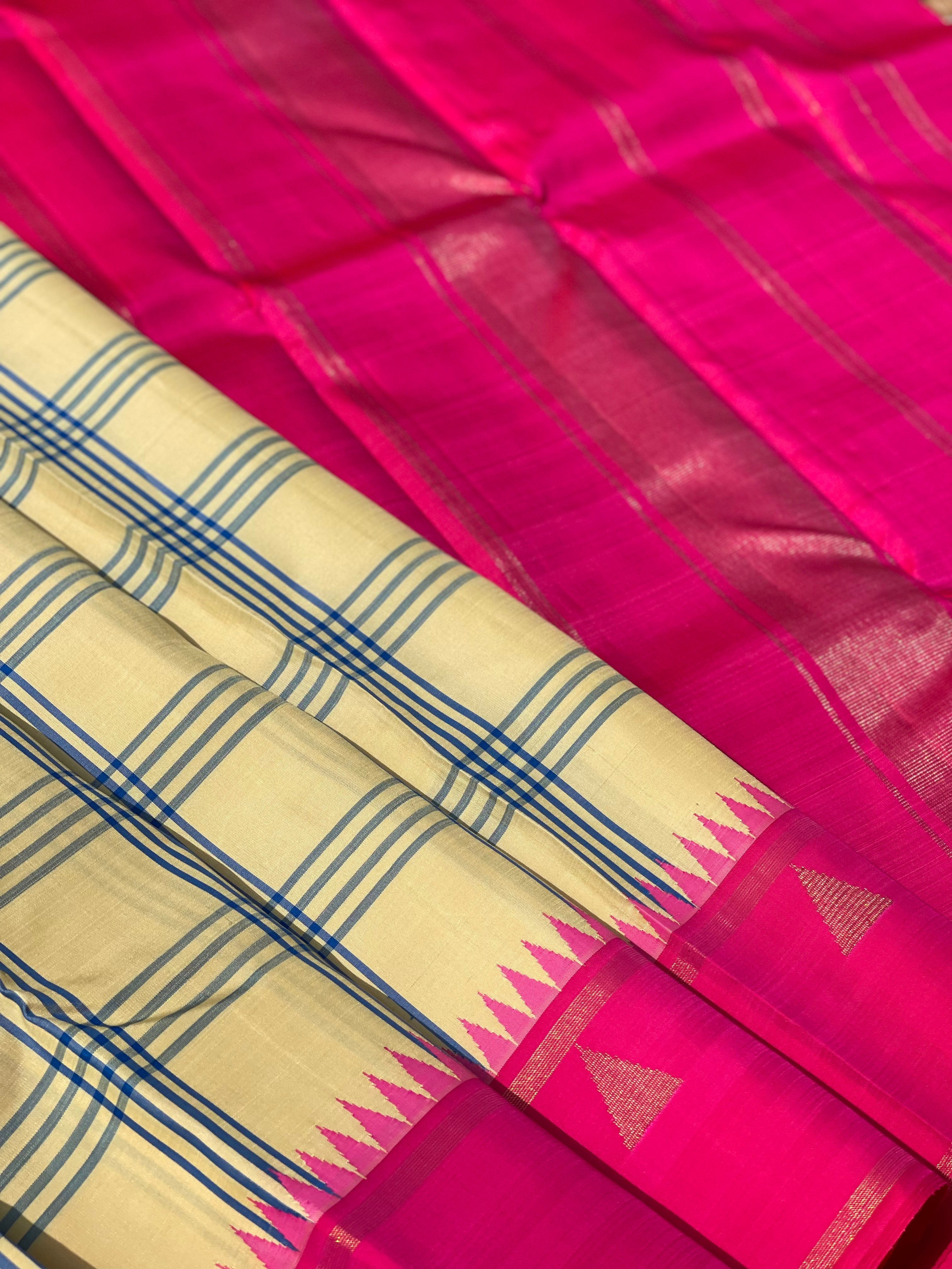 Offwhite with Fuchsia pink Korvai silk kanchivaram with kattam checks