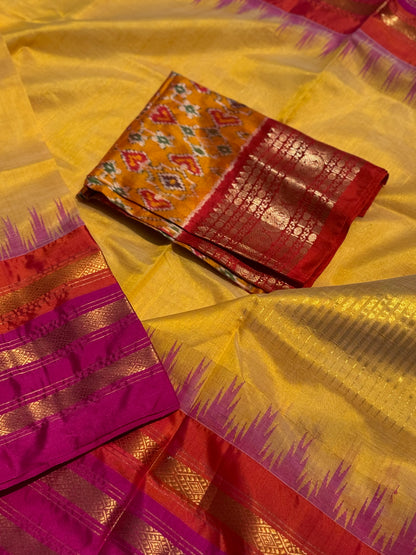 Handspun and handwoven ponduru Khadhi silk saree with silk border in contrast orange pink