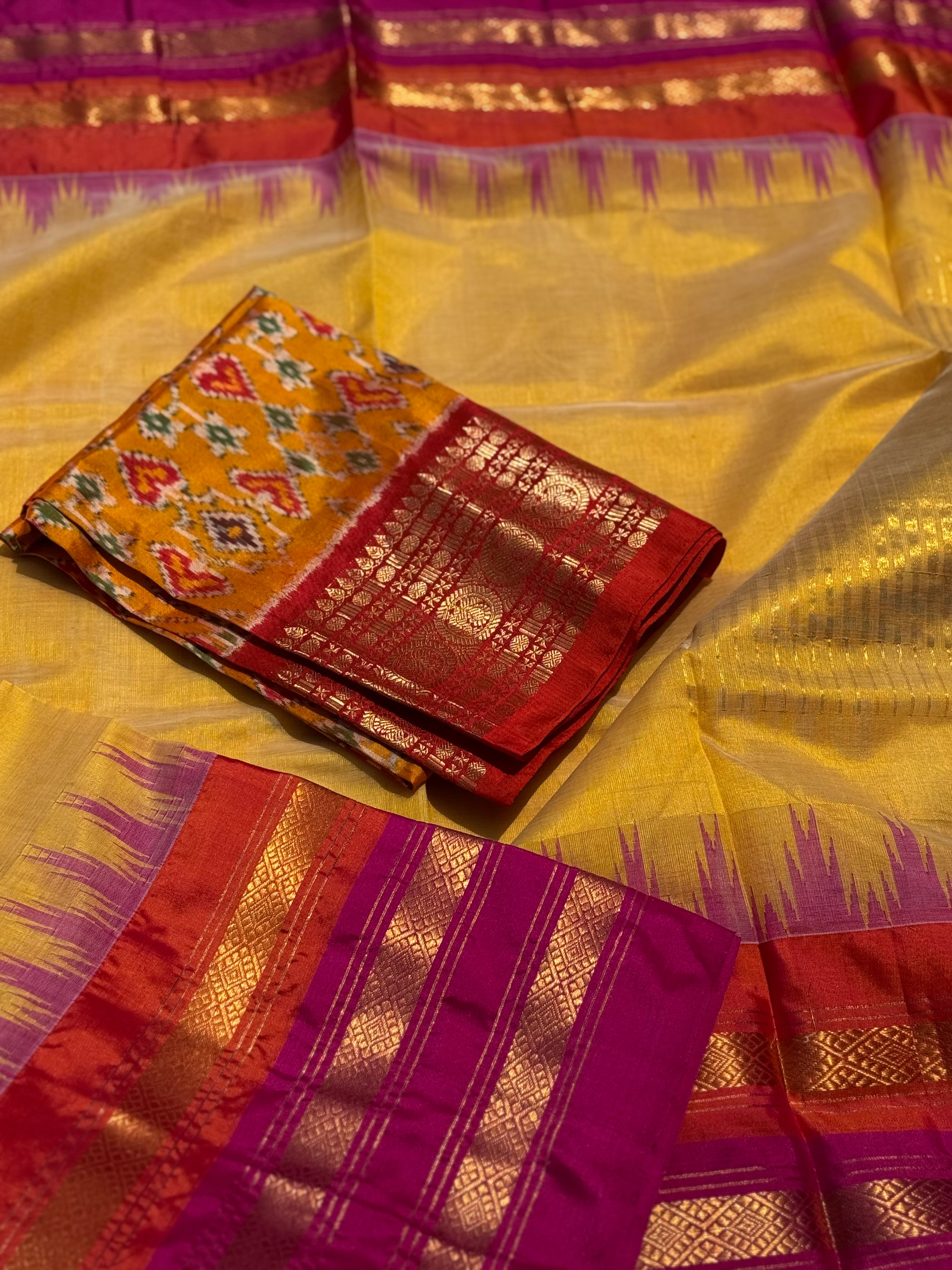 Handspun and handwoven ponduru Khadhi by silk &amp;nbsp;saree with silk border in contrast orange and pink jacquard weave