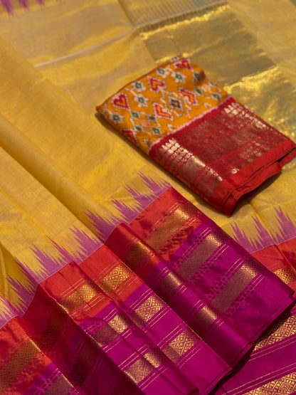 Handspun and handwoven ponduru Khadhi by silk &amp;nbsp;saree with silk border in contrast orange and pink jacquard weave