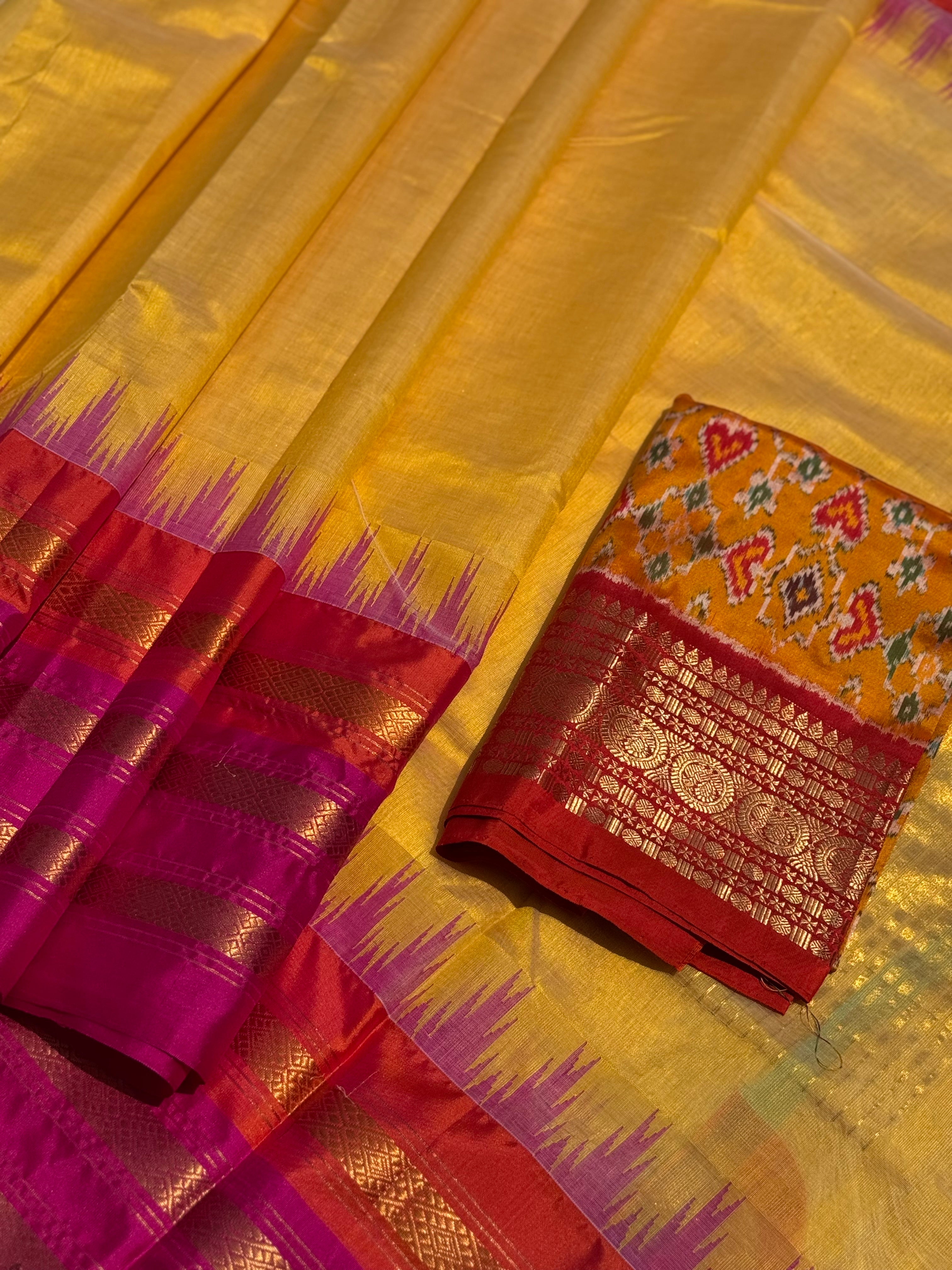 Handspun and handwoven ponduru Khadhi silk saree with silk border in contrast orange pink