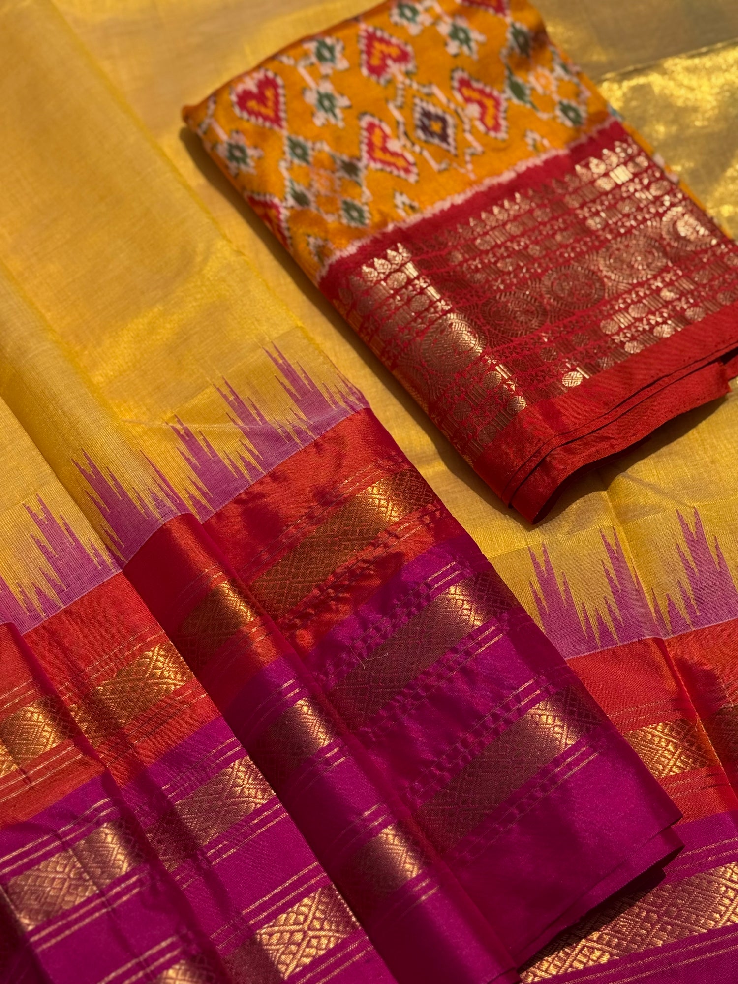 Handspun and handwoven ponduru Khadhi by silk &amp;nbsp;saree with silk border in contrast orange and pink jacquard weave