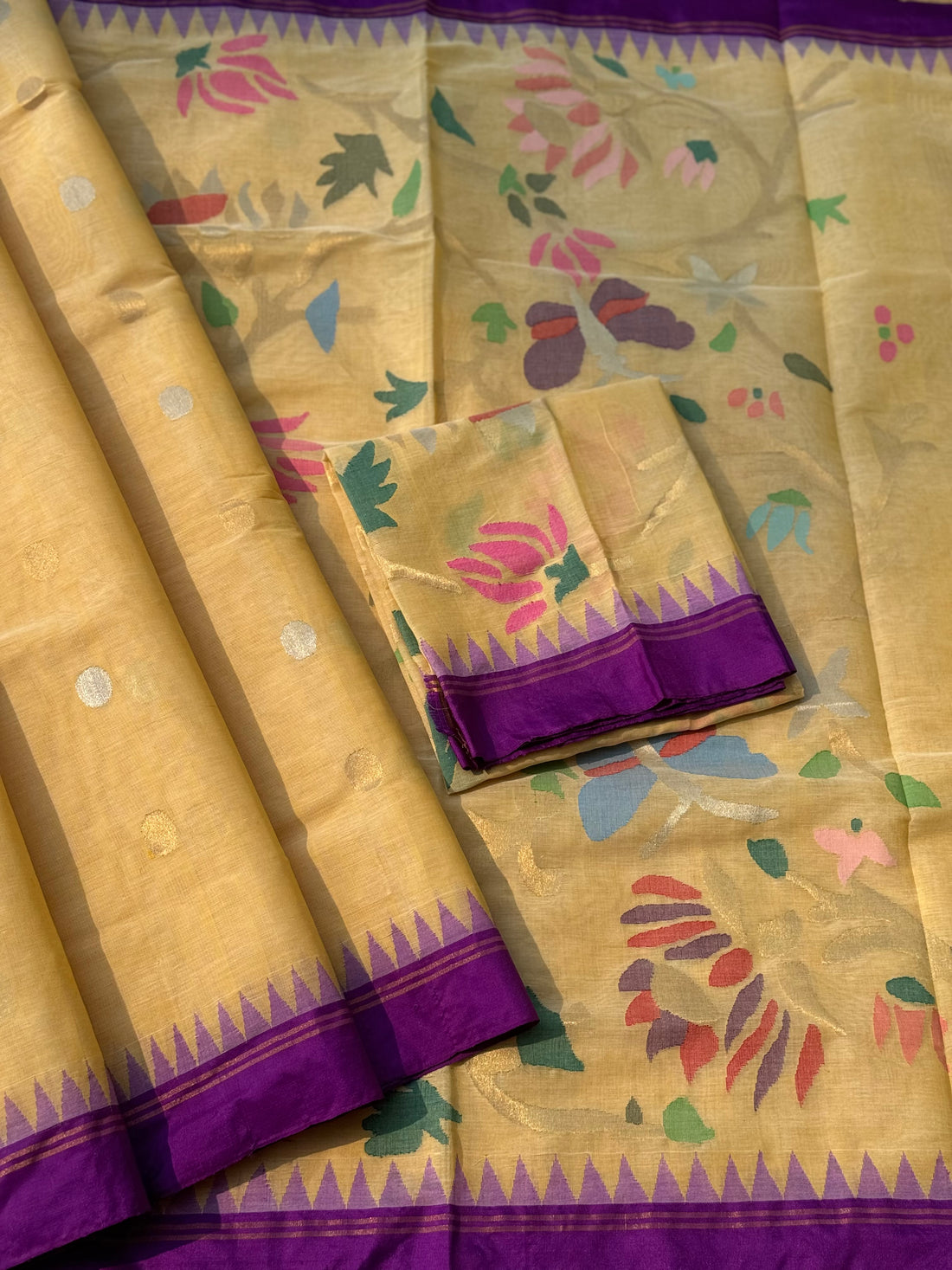 Ponduru Khadhi full jaal amdani cotton saree in pastel yellow with purple