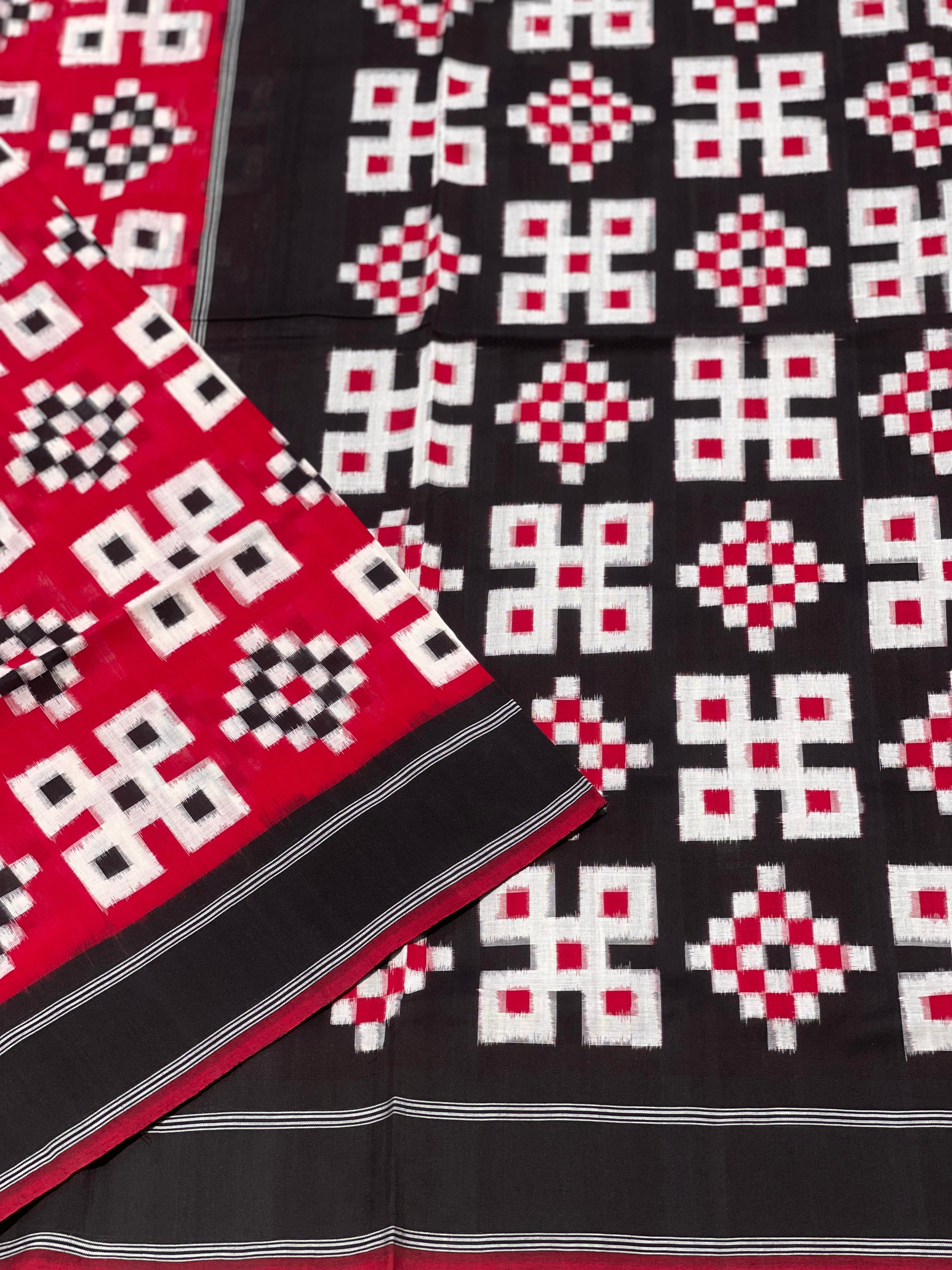 Telia Rumal double ikkat cotton saree in red black and white
