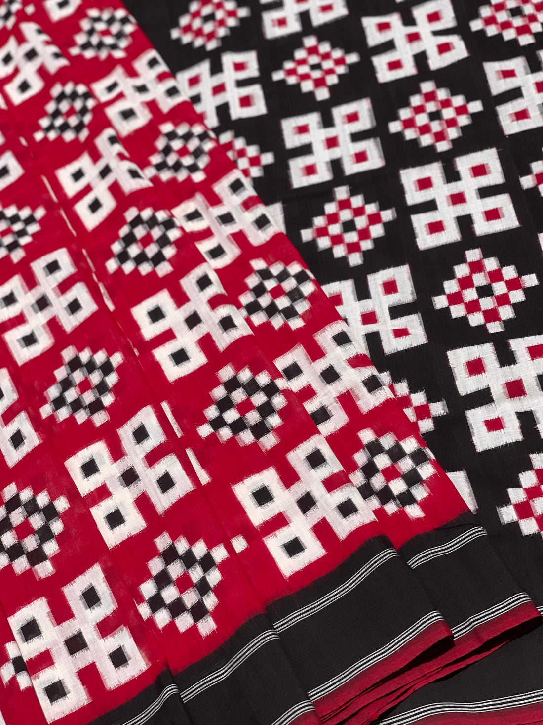 Telia Rumal double ikkat cotton saree in red black and white
