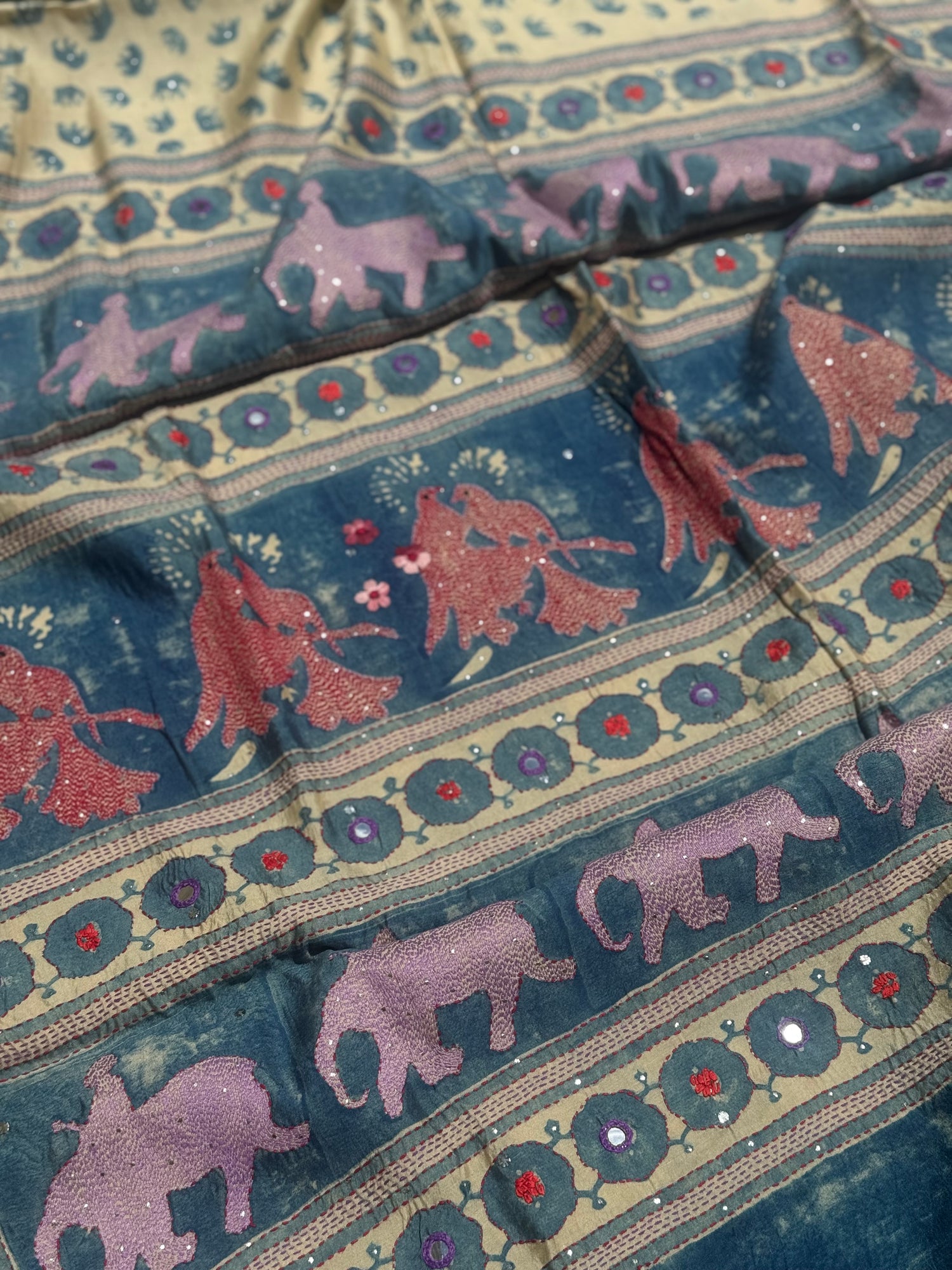 FUSION THARAGAI- Natural dyed ajrakh printed mulberry silk SAREE with mukesh badla work