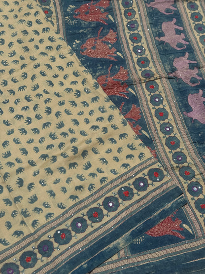 FUSION THARAGAI- Natural dyed ajrakh printed mulberry silk SAREE with mukesh badla work