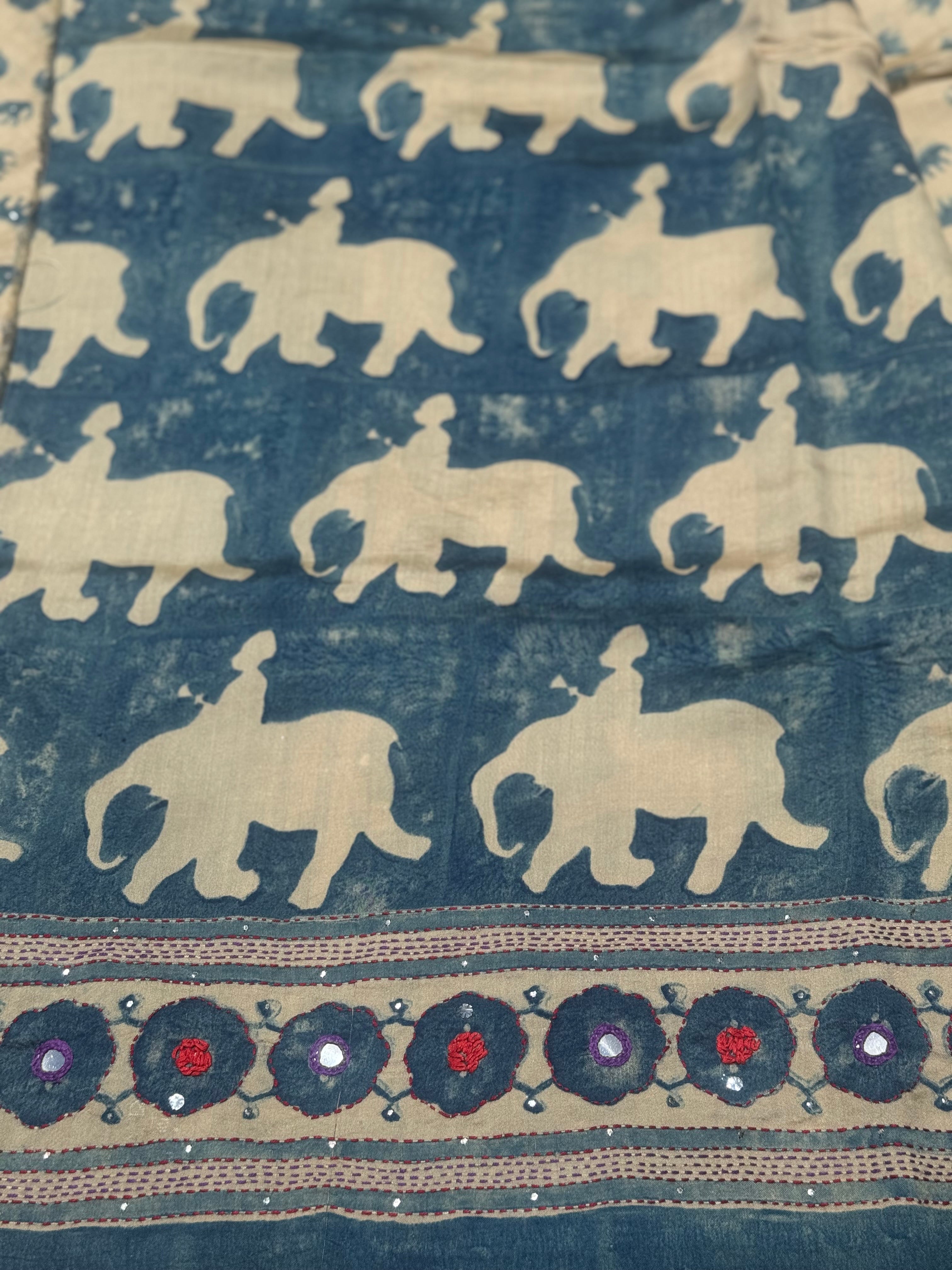 FUSION THARAGAI- Natural dyed ajrakh printed mulberry silk SAREE with mukesh badla work