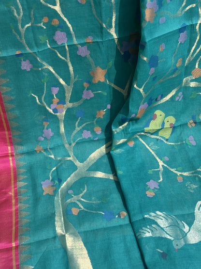 Designer Exclusive Jaal weave jamdani ponduru khadi cotton peacock teal saree