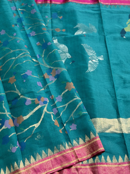 Designer Exclusive Jaal weave jamdani ponduru khadi cotton peacock teal saree