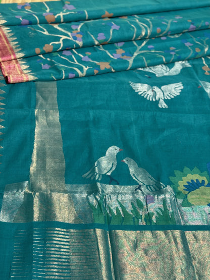 Designer Exclusive Jaal weave jamdani ponduru khadi cotton peacock teal saree