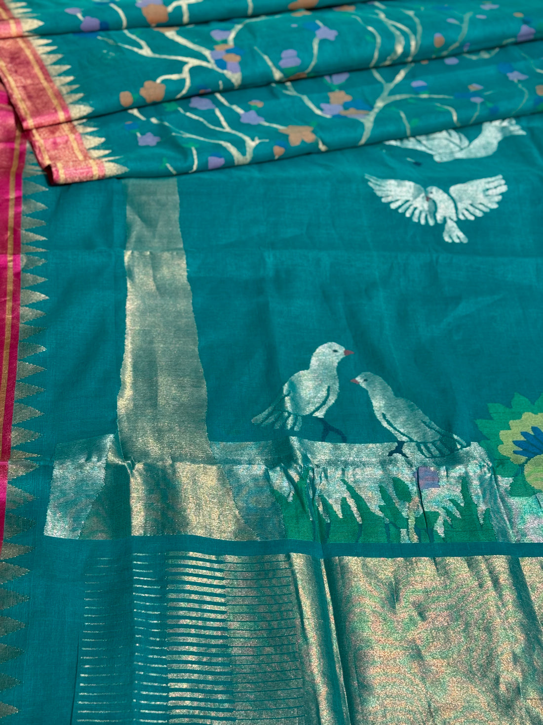 Designer Exclusive Jaal weave jamdani ponduru khadi cotton peacock teal saree