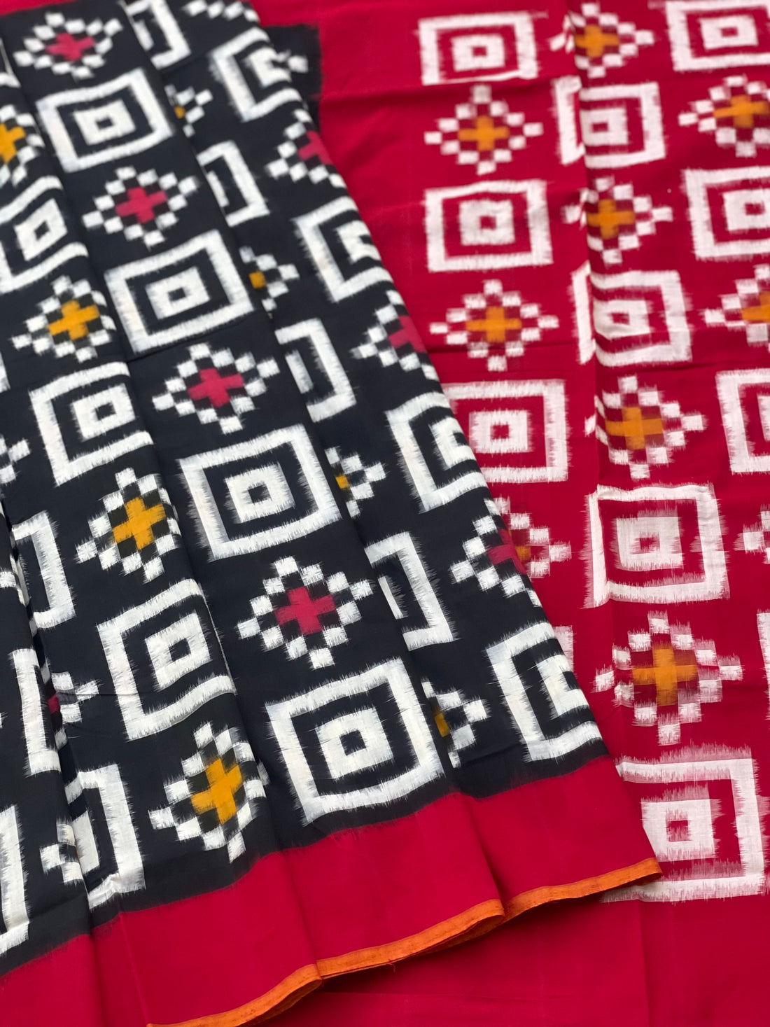 A Contemporary double Ikkat Telia Rumal cotton saree with 2 motifs