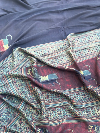 Natural Dyed Ajrakh Double Resist horse Block printed mulberry Silk Saree