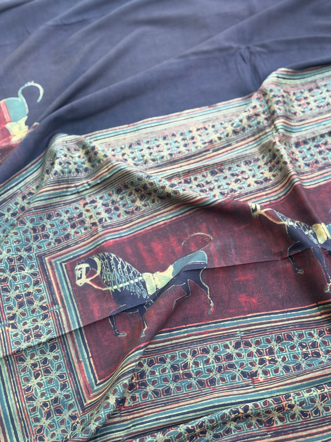 Natural Dyed Ajrakh Double Resist horse Block printed mulberry Silk Saree