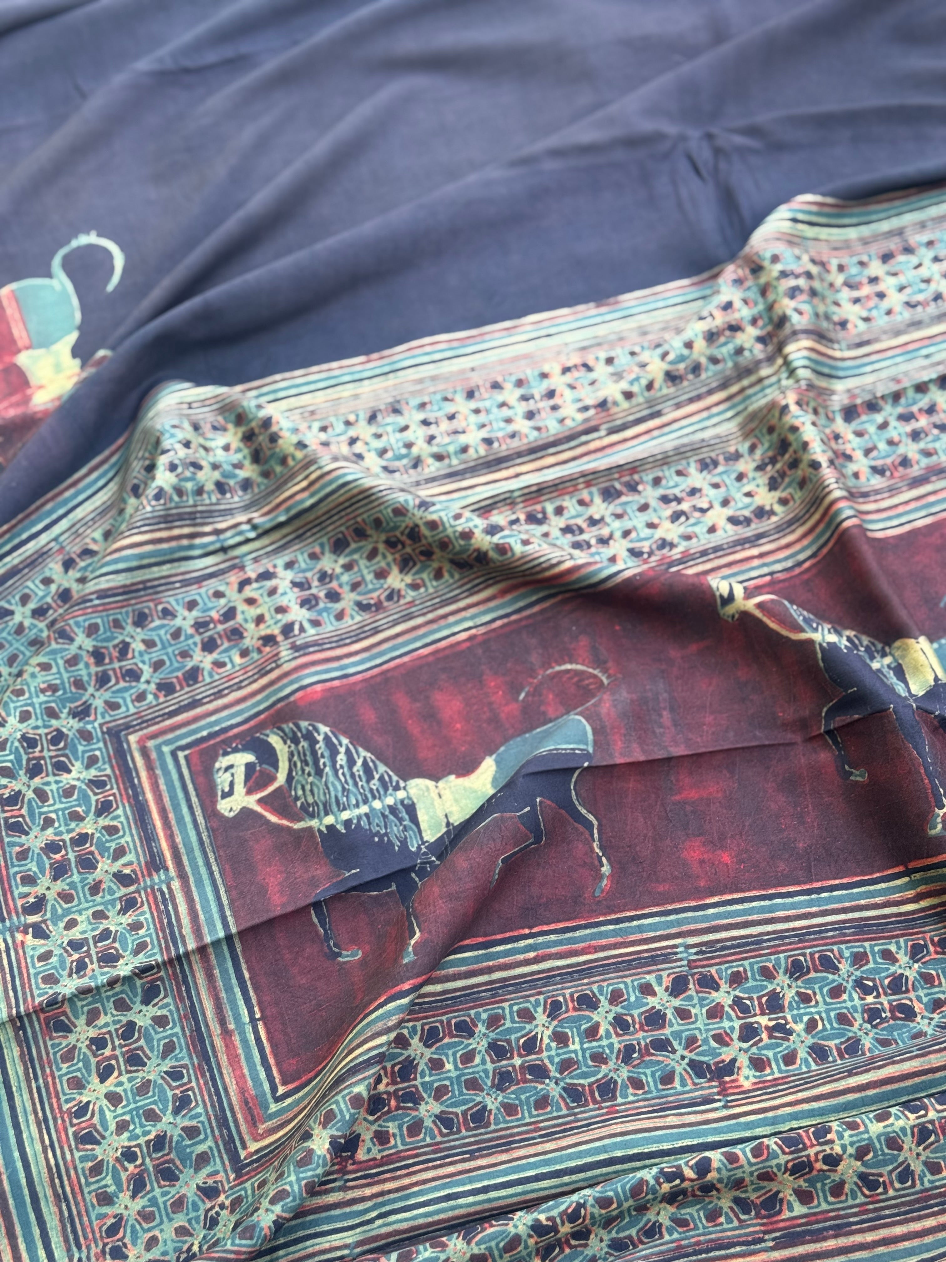 Natural Dyed Ajrakh Double Resist horse Block printed mulberry Silk Saree