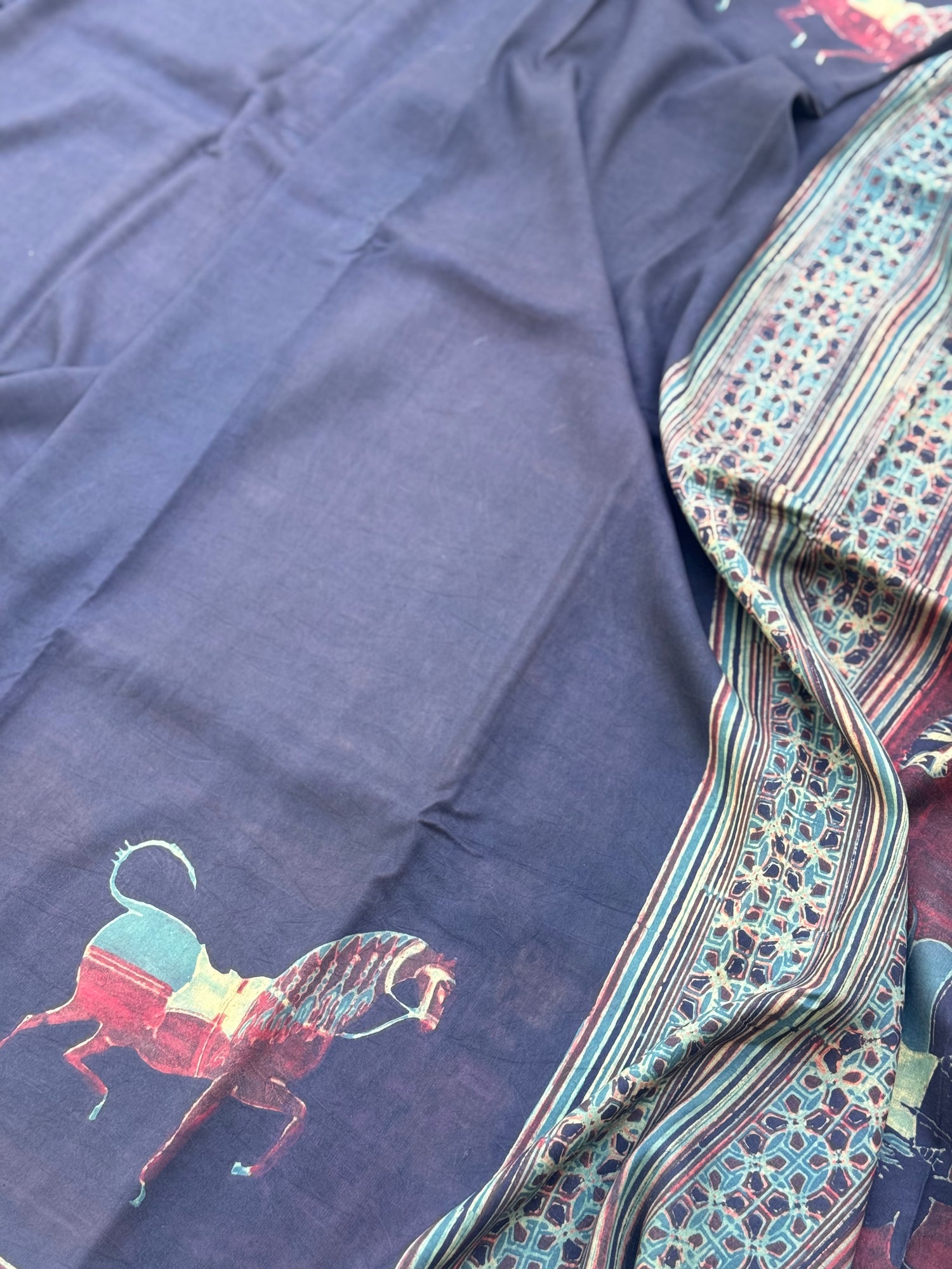 Natural Dyed Ajrakh Double Resist horse Block printed mulberry Silk Saree