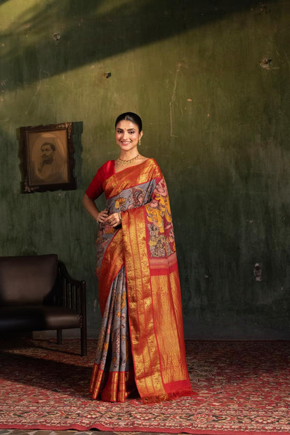 VRATHAPANI - A mythology Gandharvas depiction of Complete Hand Drawn And Hand Painted Penkalamkari In korvai Kanchivaram Silk Saree