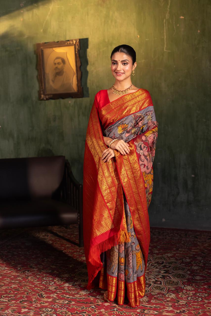 VRATHAPANI - A mythology Gandharvas depiction of Complete Hand Drawn And Hand Painted Penkalamkari In korvai Kanchivaram Silk Saree