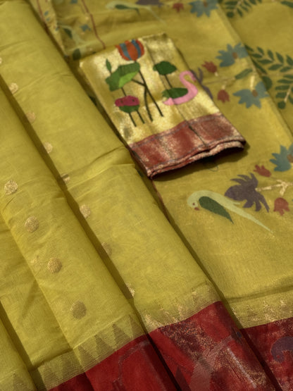 A Designer Exclusive Jaal Weave Ponduru Khadhi Jamdani with tissue Muniya paithani border with Peacock and Parrots