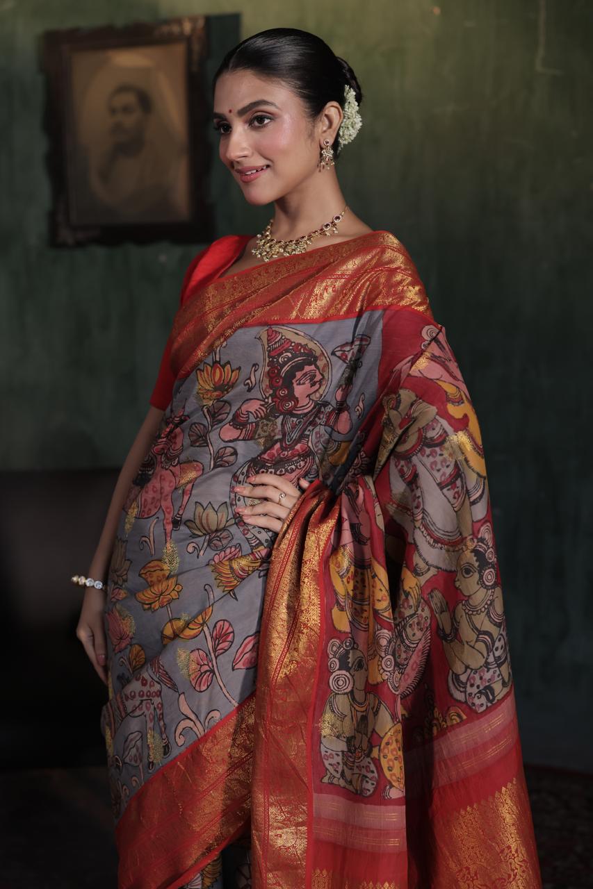 VRATHAPANI - A mythology Gandharvas depiction of Complete Hand Drawn And Hand Painted Penkalamkari In korvai Kanchivaram Silk Saree