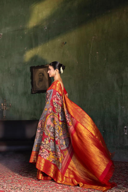 VRATHAPANI - A mythology Gandharvas depiction of Complete Hand Drawn And Hand Painted Penkalamkari In korvai Kanchivaram Silk Saree