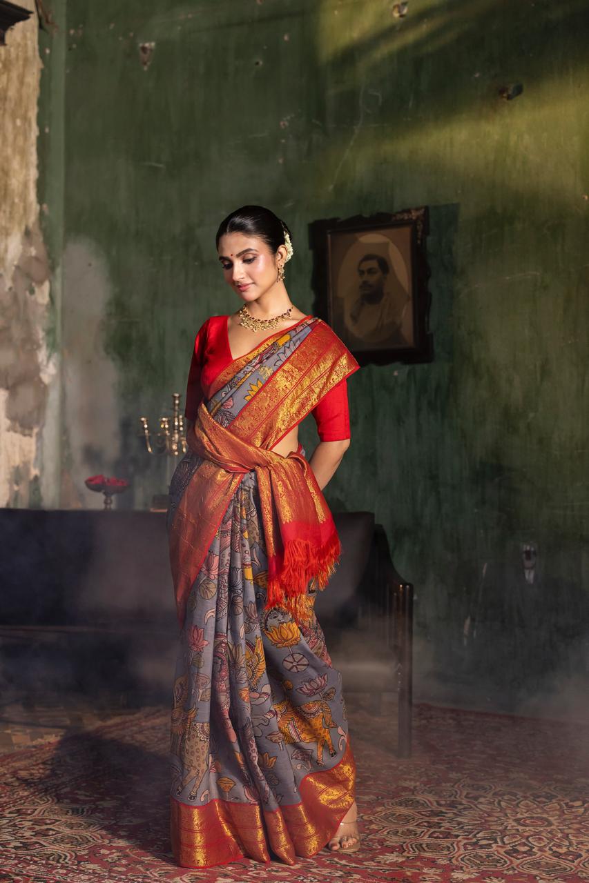 VRATHAPANI - A mythology Gandharvas depiction of Complete Hand Drawn And Hand Painted Penkalamkari In korvai Kanchivaram Silk Saree