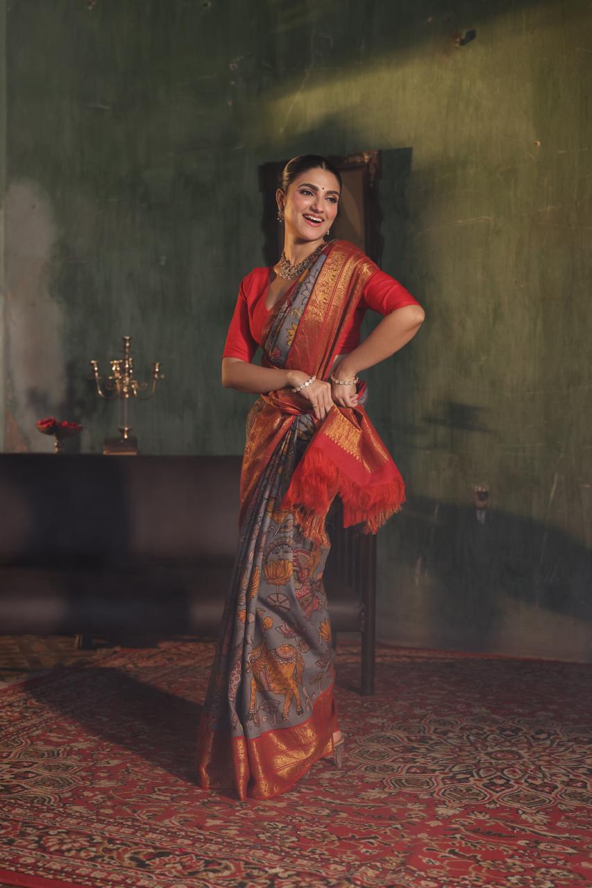 VRATHAPANI - A mythology Gandharvas depiction of Complete Hand Drawn And Hand Painted Penkalamkari In korvai Kanchivaram Silk Saree