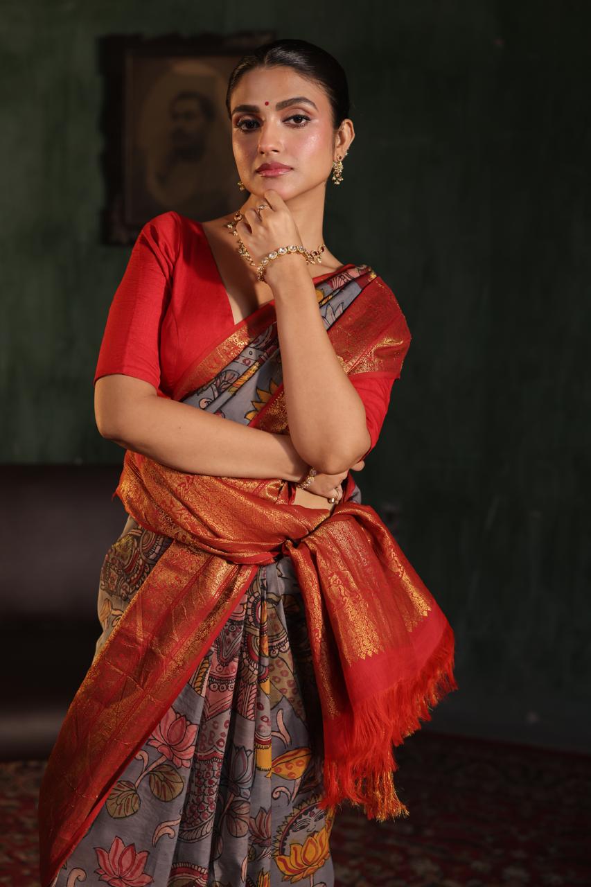 VRATHAPANI - A mythology Gandharvas depiction of Complete Hand Drawn And Hand Painted Penkalamkari In korvai Kanchivaram Silk Saree