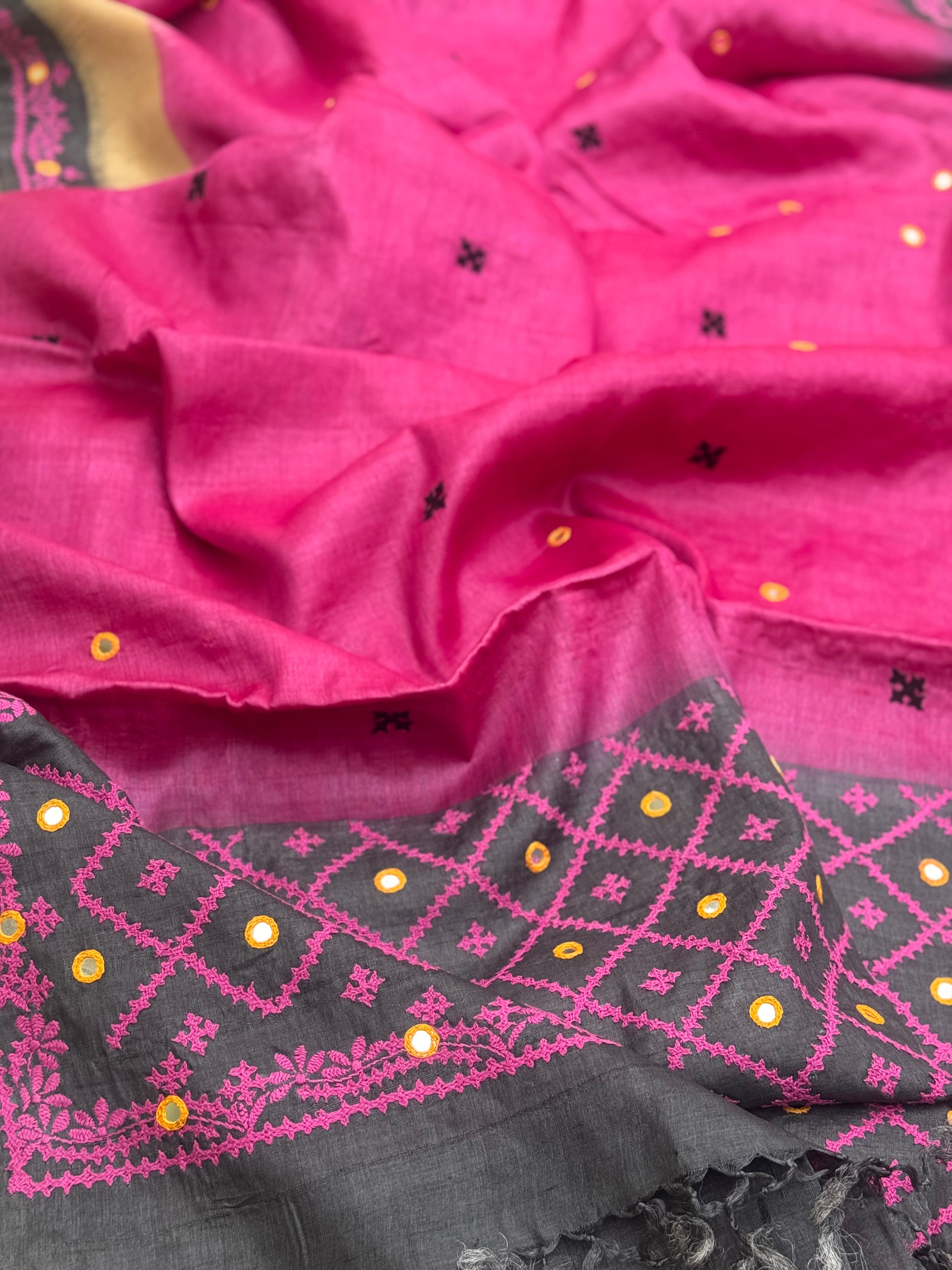 Pink handwoven Tussar silk saree with handmade kutch mirror embroidery work