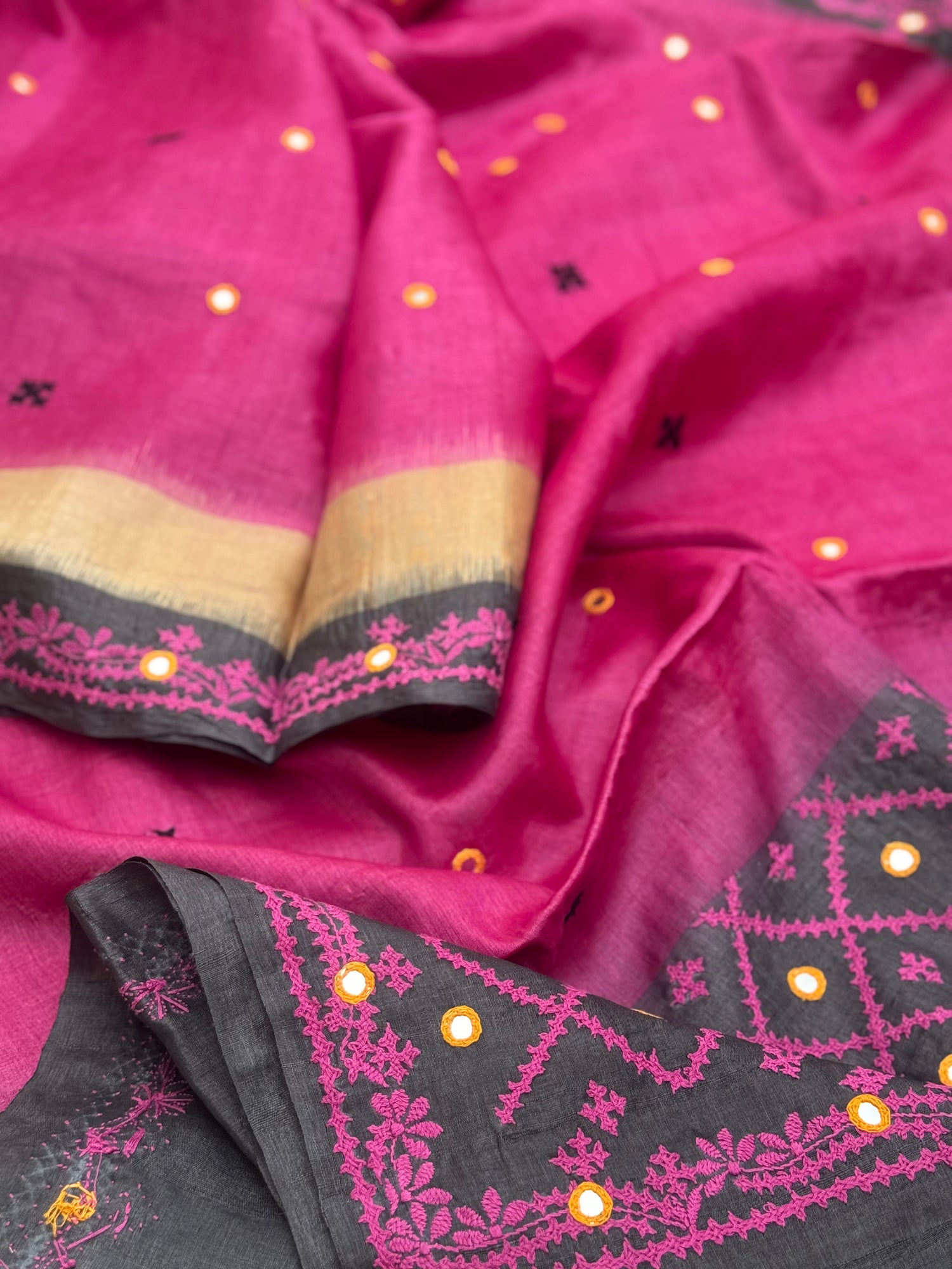 Pink handwoven Tussar silk saree with handmade kutch mirror embroidery work
