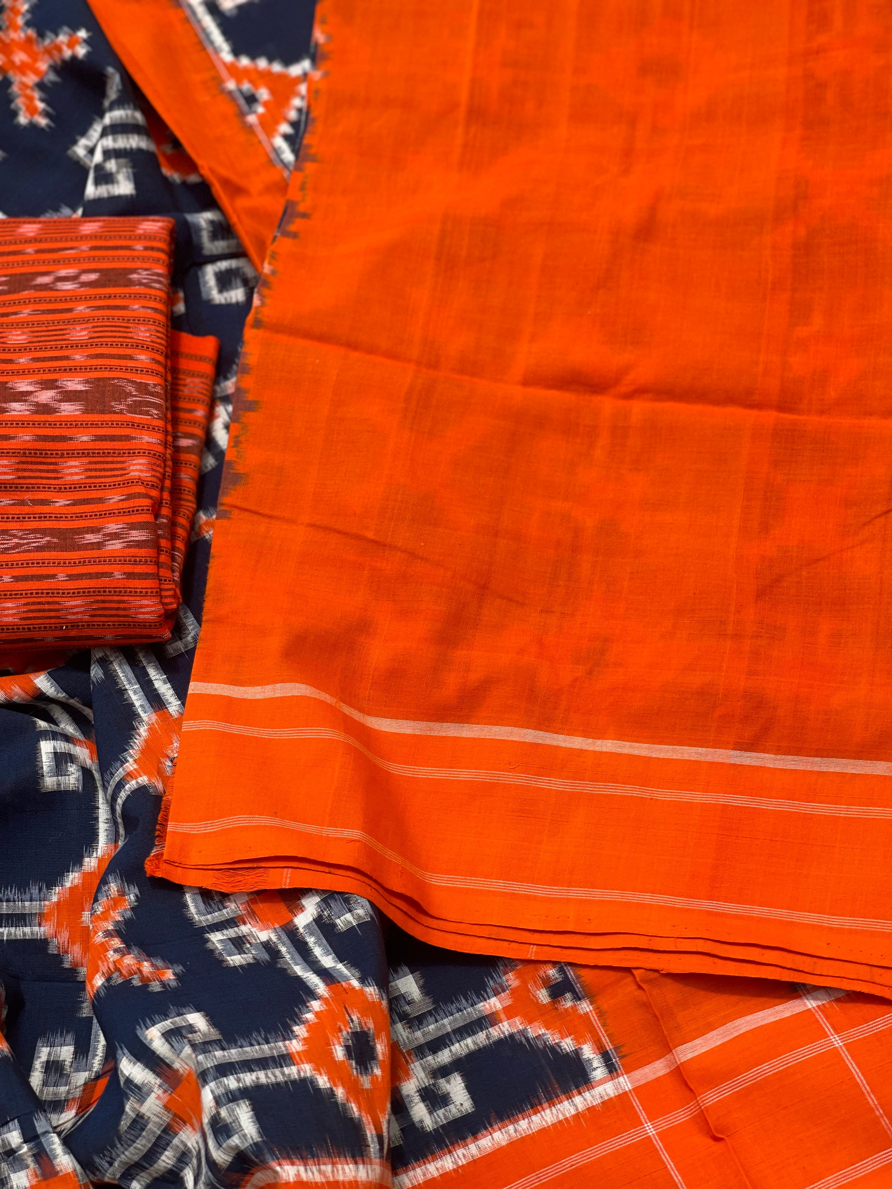Tangerine Orange with blue Telia Inspired Double Ikkat Cotton Saree