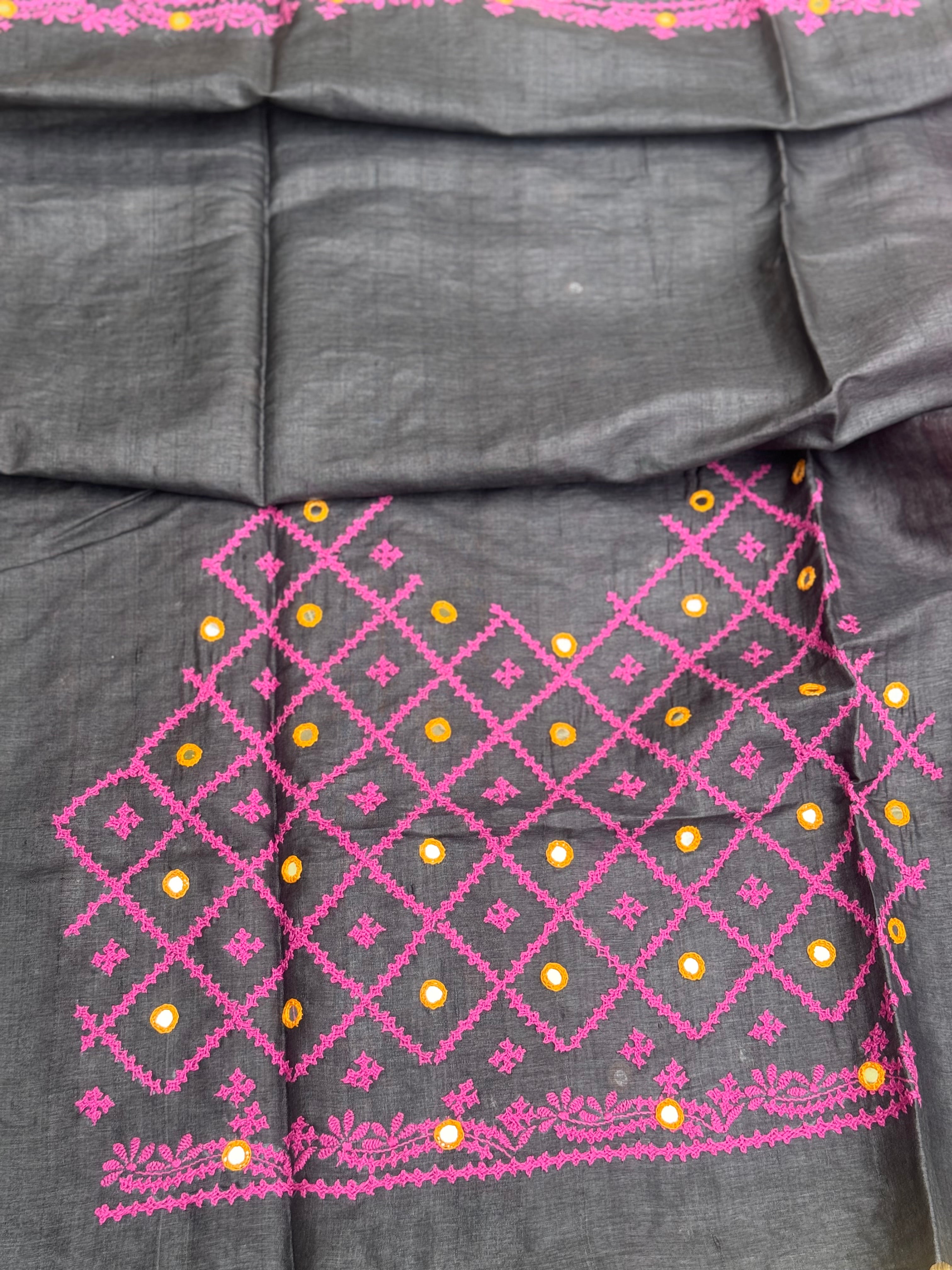 Pink handwoven Tussar silk saree with handmade kutch mirror embroidery work