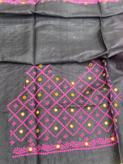 Pink handwoven Tussar silk saree with handmade kutch mirror embroidery work