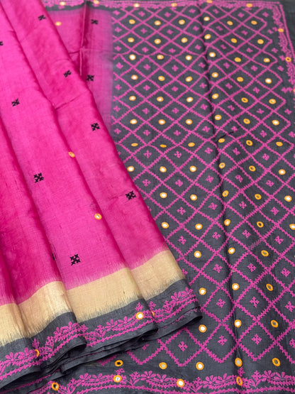 Pink handwoven Tussar silk saree with handmade kutch mirror embroidery work