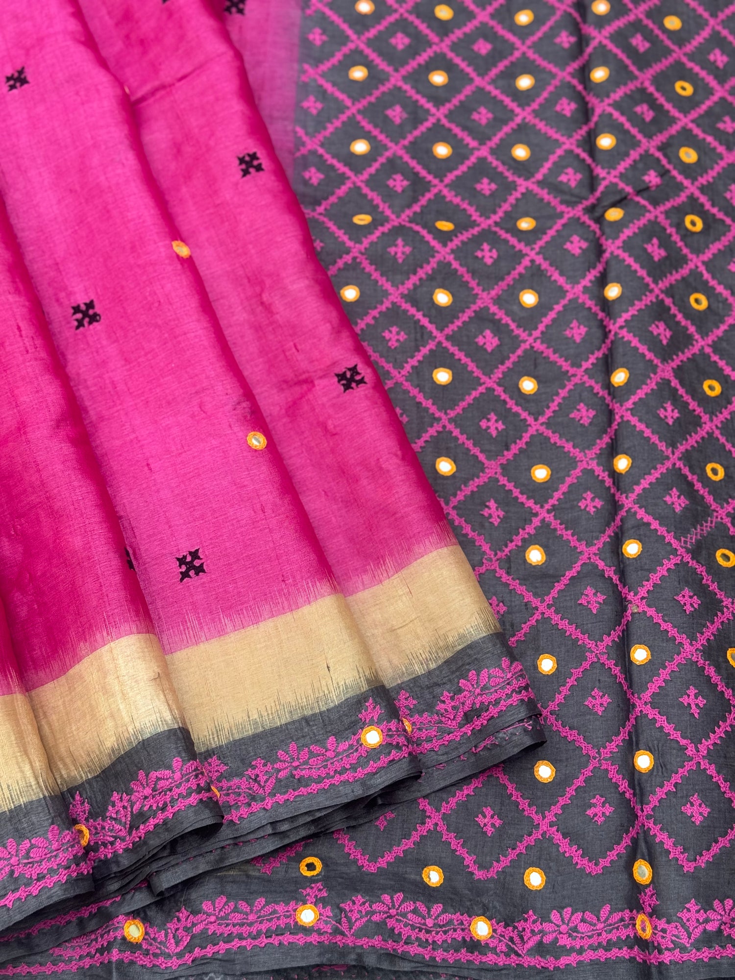 Pink handwoven Tussar silk saree with handmade kutch mirror embroidery work