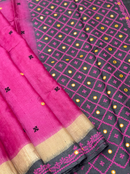 Pink handwoven Tussar silk saree with handmade kutch mirror embroidery work
