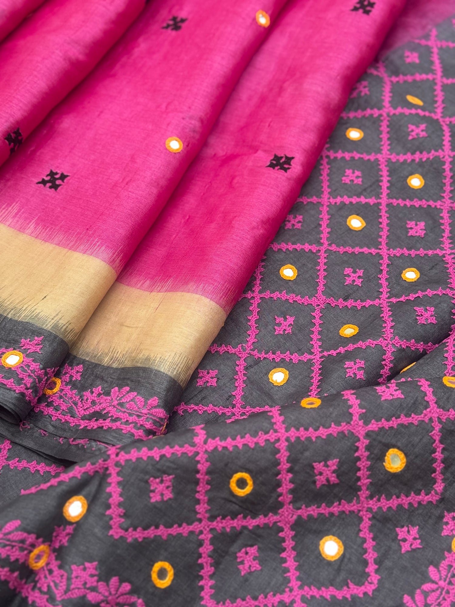 Pink handwoven Tussar silk saree with handmade kutch mirror embroidery work