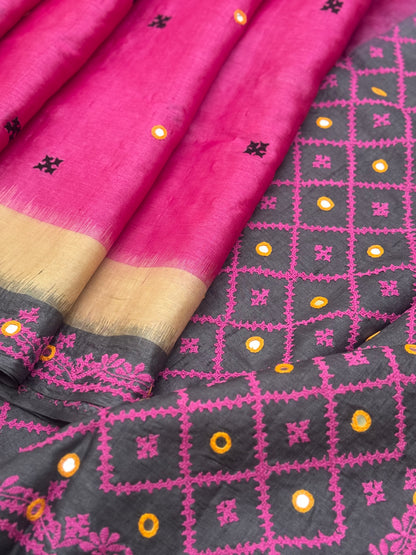 Pink handwoven Tussar silk saree with handmade kutch mirror embroidery work