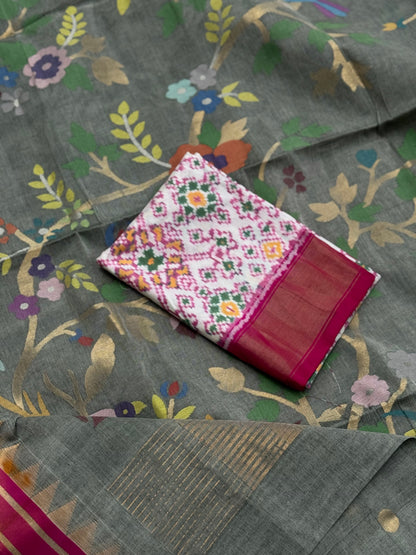 A gorgeous powder grey handspun ponduru Khadhi jamdani cotton saree