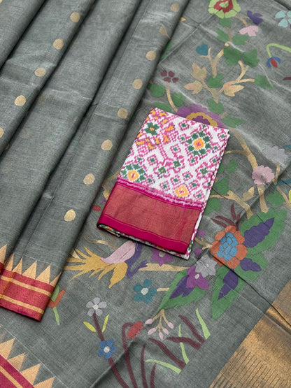 A gorgeous powder grey handspun ponduru Khadhi jamdani cotton saree