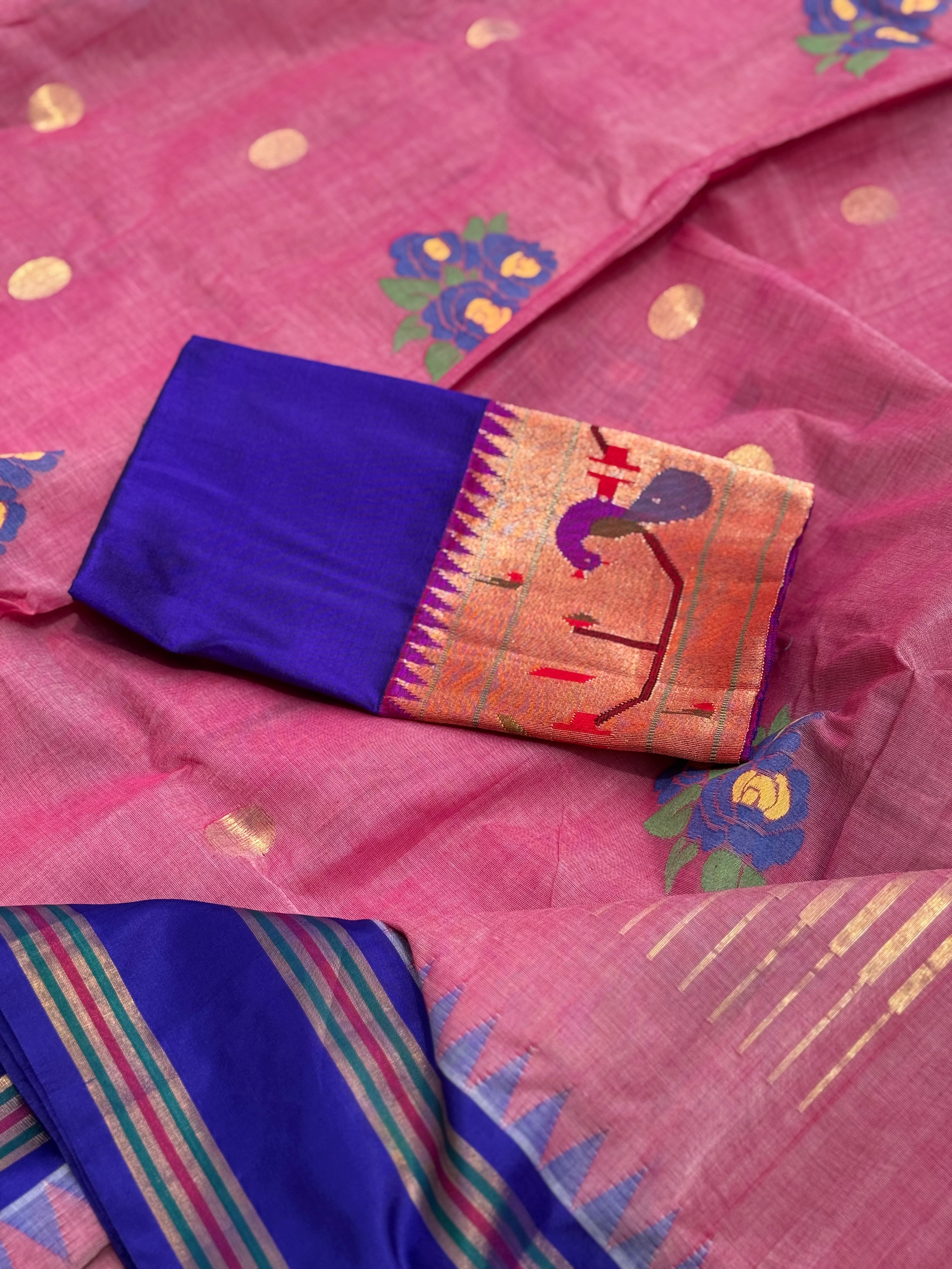 Pastel mauve pink with electric blue bouquet of flowers jamdani motifs ponduru Khadhi jamdani saree