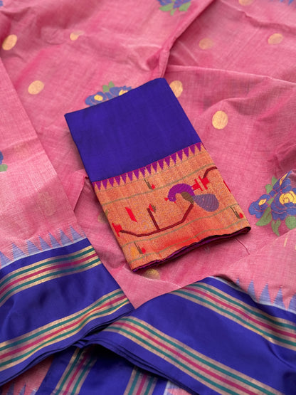 Pastel mauve pink with electric blue bouquet of flowers jamdani motifs ponduru Khadhi jamdani saree