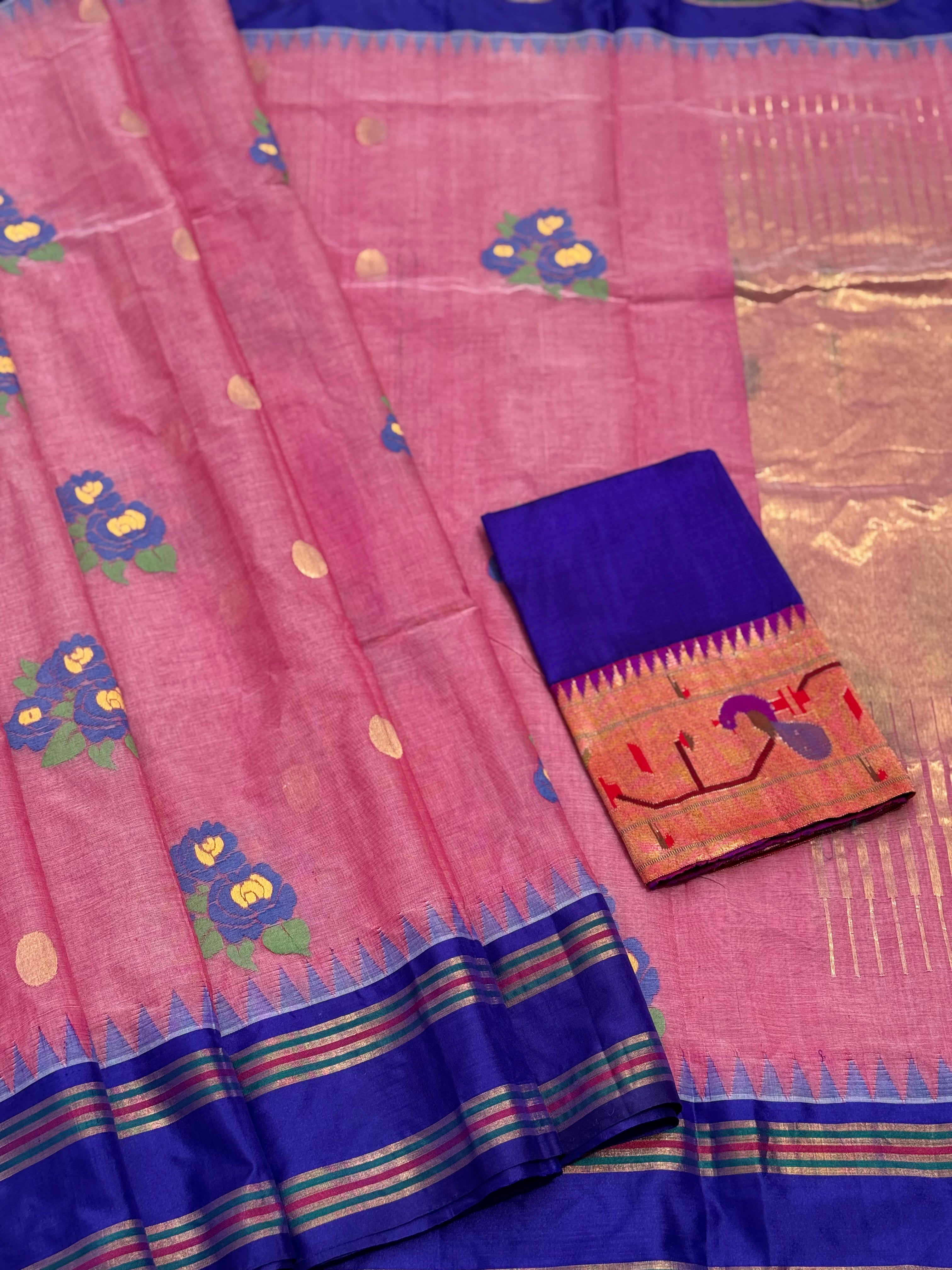 Pastel mauve pink with electric blue bouquet of flowers jamdani motifs ponduru Khadhi jamdani saree
