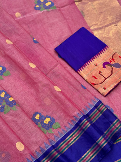 Pastel mauve pink with electric blue bouquet of flowers jamdani motifs ponduru Khadhi jamdani saree
